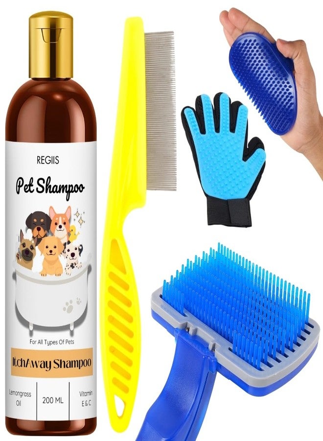 مجموعة العناية بالحيوانات الأليفة، مجموعة من 5 قطع مع شامبو مضاد للحكة 200 مل، قفاز لإزالة الشعر الزائد، فرشاة تنظيف ذاتية، فرشاة تدليك، مشط للبراغيث للكلاب والقطط (عبوة من 5 قطع) - Image 1